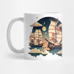 Japanese Art Depicting Boats in the Clouds Mug